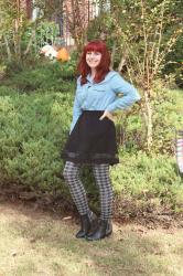 Houndstooth Tights, Denim Shirt, Black A-Line Skirt, & Sparkly Boots