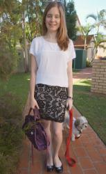 Lace Pencil Skirt, Oversized Top, Balenciaga Sapphire City | Casual Friday Jeans and Tee, Bal Day Bag