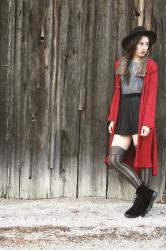 wearing: red sweater coat and velvet boots