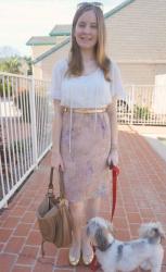 Vintage Print Skirt, White Blouse, Chloe Marcie Hobo | Asos Ruffle Shirt, Pencil Skirt, Marco Tagliaferri Bag