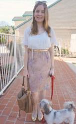 Vintage Print Skirt, White Blouse, Chloe Marcie Hobo | Asos Ruffle Shirt, Pencil Skirt, Marco Tagliaferri Bag