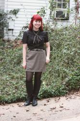 Black Blouse, Mini Houndstooth Skirt, & Black Knee Boots