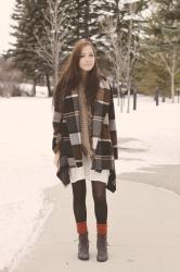 Bundle Up // Orange Tabbi Scrunchy Socks, Steve Madden Boots, Plaid Shawl Jacket