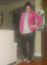 Pink Velvet Blazer, Pastel Geometric-Print Blouse and Black Leather Skinnies.