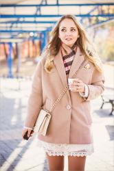 Beige oversize coat and lace dress