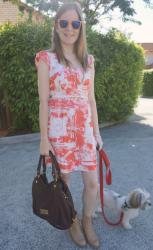 FCUK Printed Dress, Acne Pistol Boots, MbMJ Fran | Leona Edmiston, Rebecca Minkoff MAM bag