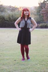 Checkerboard Print Top, Pleated Skirt, & Pink Tights