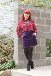 Cat Print Shirt with a Purple Velvet Skirt