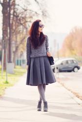 Gray Great Day: Gray Wool Full Skirt and Print Sweater