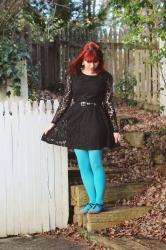 Black Lace Dress, Neon Blue Tights, Houndstooth Flats, & a Spiky Headband