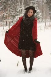 wearing: red sweater in the snow