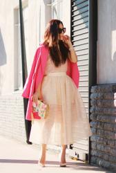 Double Sheers: Creamy Skort and Oversized Pink Coat