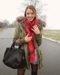 denim shorts & red scarf