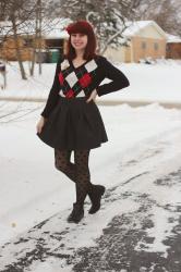 Argyle Sweater, Pleated Leather Skirt, Polka Dot Tights, & a Red Hair Bow