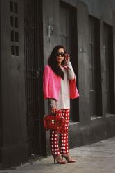 Unexpected Mix and Match: Pink Cropped Jacket and Plaid Red Pants