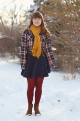 A Jeanie Outfit: Flannel Shirt, Navy Skater Skirt, Mustard Scarf, & Dark Red Tights