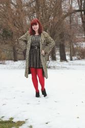 A Holiday Outfit: Vintage Leopard Print Coat, Lace Dress, & Red Tights