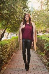BURGUNDY SWEATER & LEATHER PANTS 