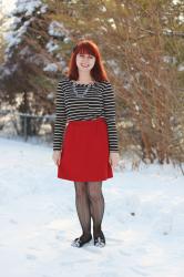 Striped Shirt, Red Wool Skirt, Silver Beaded Necklace, & Boston Terrier Flats