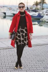 Red coat, golden pumps