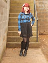 Blue Buffalo Plaid Flannel, Black A-line Skirt, & Knee High Boots