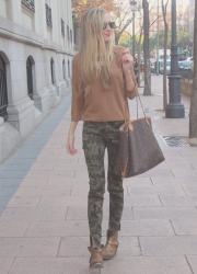 Camo pants, sweatshirt and joy necklace