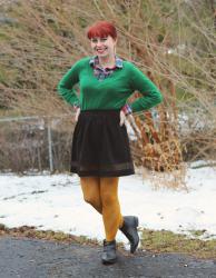 Kelly Green Sweater, Flannel Shirt, Black Skater Skirt, & Yellow Tights