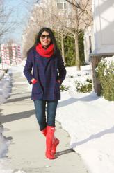 Lookbook : Plaid Pea Coat, Hunter Boots & Accents Of Red