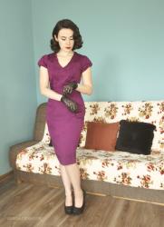 Purple dress and black lace gloves