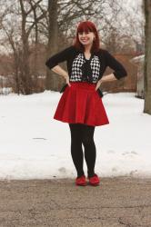 Red Velvet Skirt, Checkerboard Top, Heart Tights, & Red Moccasins