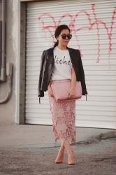 From Day to Night Outfit: Leather Jacket and Lace Pencil Skirt