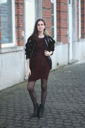 Draped Dress, Suede and Patent Bomber Jacket