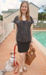Printed Top, Pencil Skirt, Mulberry Bayswater | Jeanswest Dress, Marc by Marc Jacobs Fran Bag