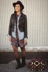 outfit: paisley print dress & a vegan leather jacket