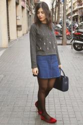 Embellished jumper and denim skirt