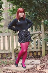 Polka Dot Shorts, Pink Tights, a Mock Turtleneck Sweater, & Vintage Pin
