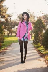 PINK COAT AND BLUE FLORAL DRESS