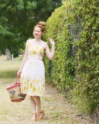 yellow roses, coffees, and the first vintage dress of the year