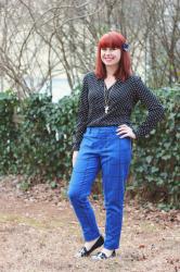 Blue Patterned Trousers, Polka Dot Blouse, Boston Terrier Flats, & a Galaxy Bow
