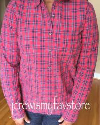 J. Crew Red Tartan Popover, Funny Birds Tee, and Jeweled Cotton Shell