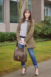 HEART PATCH SWEATER, PEPLUM TRENCH, AND METIS HANDBAG