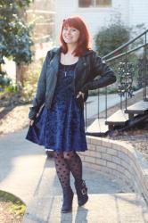 Blue Crushed Velvet Dress, Leather Jacket, & Polka Dot Tights