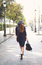 lace dress / beanie / maxi bag