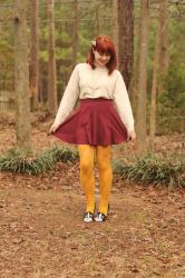 Turtleneck Sweater, Maroon Skater Skirt, Yellow Tights, & Boston Terrier Flats