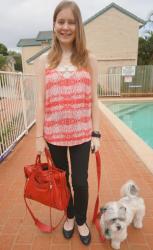 Red Printed Top, Black Skinny Jeans, Balenciaga Coquelicot Velo | Stripe Tank, Maxi Skirt, Bal Sorbet City Bag