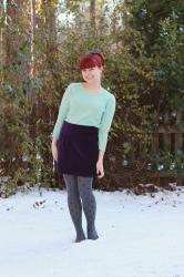 Mint Sweater, Purple Velvet Skirt, & Polka Dot Tights