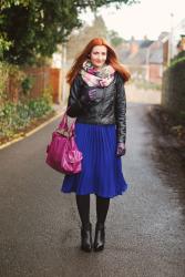 Black Leather Jacket, Blue Pleated Skirt & A Touch Of Pink