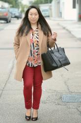 Camel Coat and Mixture Printed Blouse