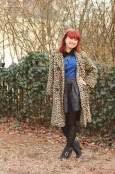 Leopard Print Coat, Blue Velvet Collared Sweater, Leather Skirt, & Lace Print Tights