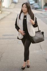 All Black with Beige Faux Fur Scarf